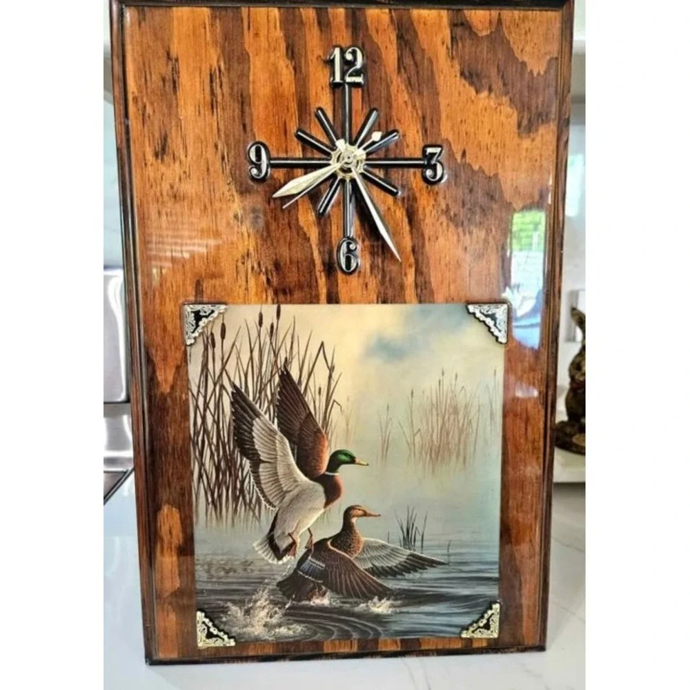 Vintage Mallard Duck Wall Clock with Foil Art Print and Wood Frame